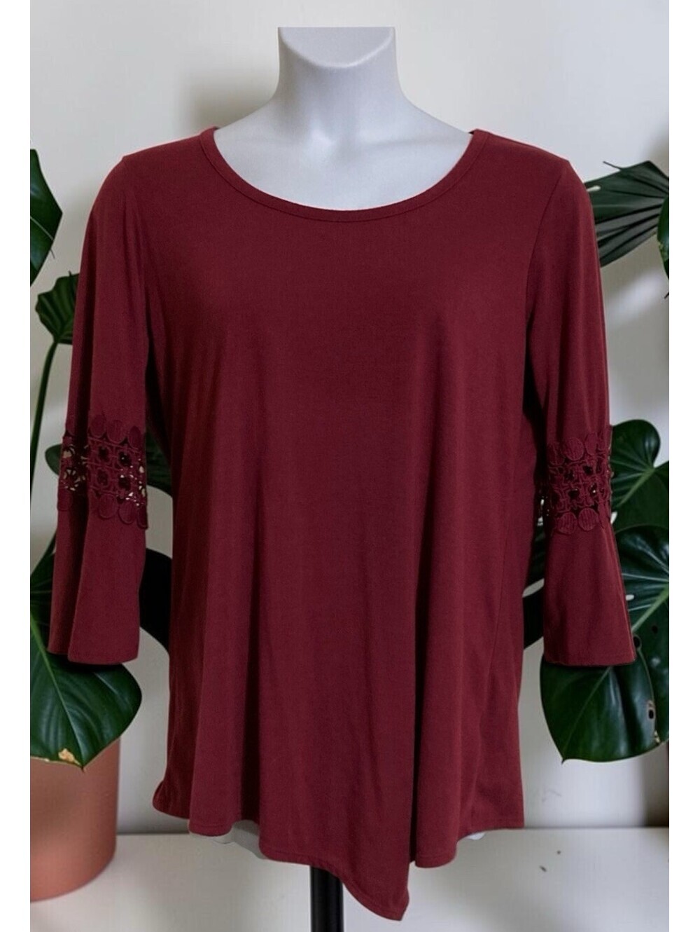 Women South Main Burgundy 3/4 Sleeve Polyester Blend Pullover Blouse Sz XL